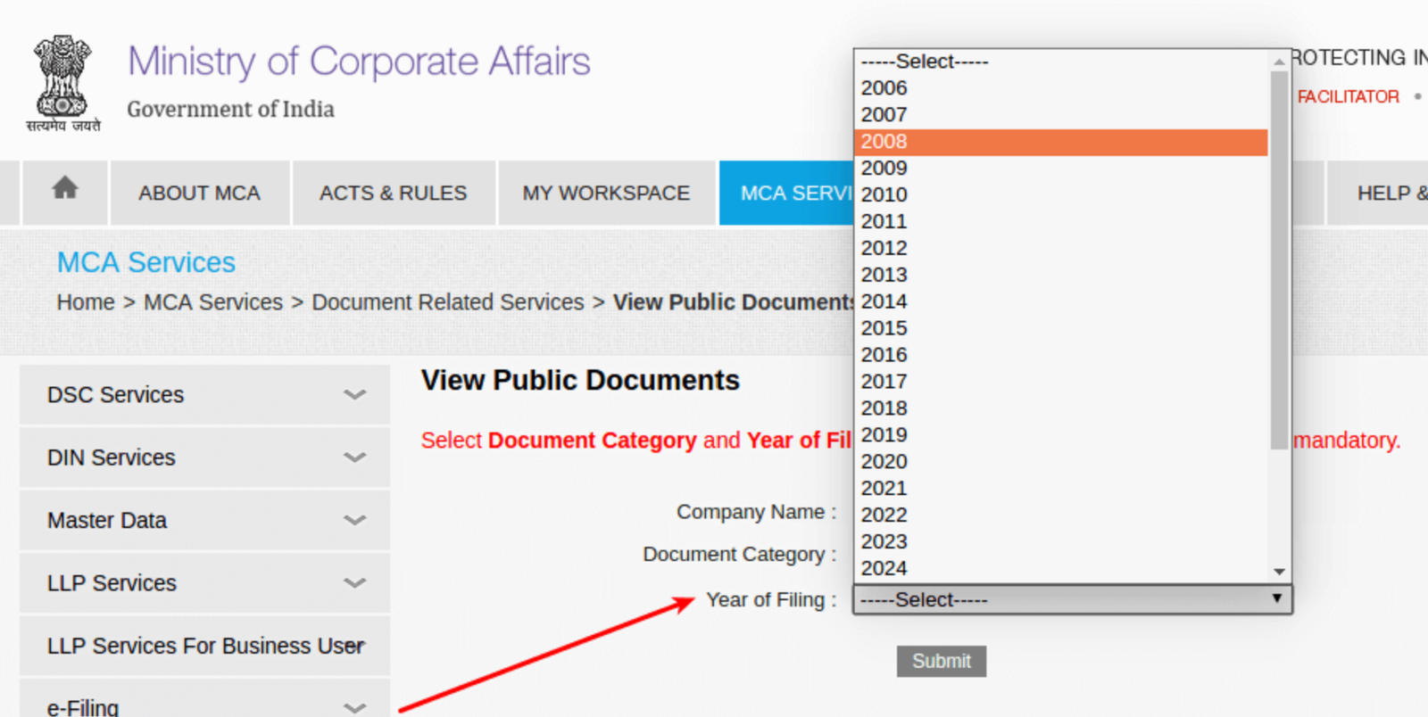 Choose the Document and Year