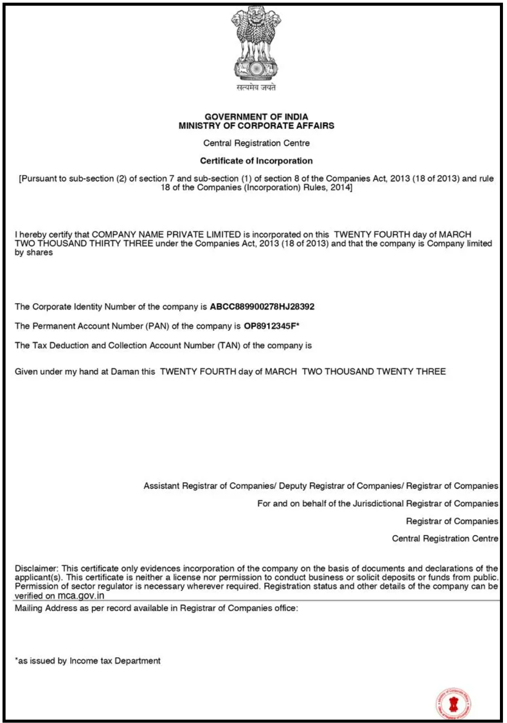 Format of a Certificate of Incorporation