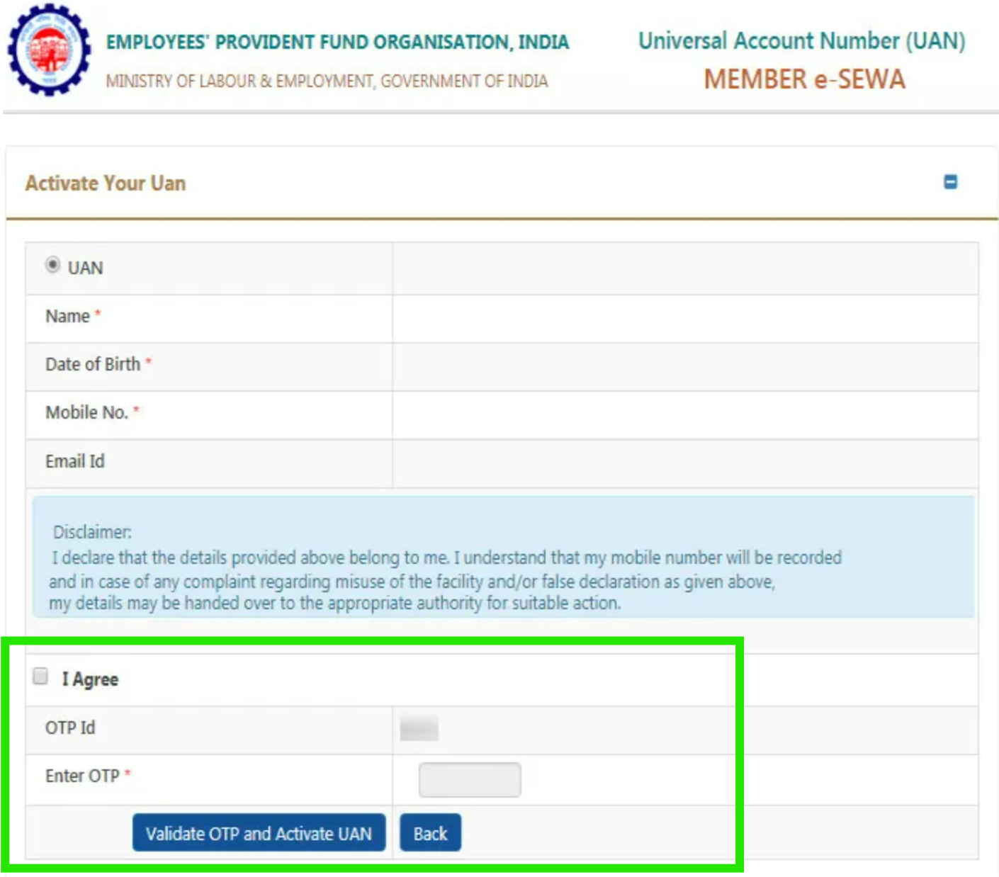 Validate OTP and Activate UAN