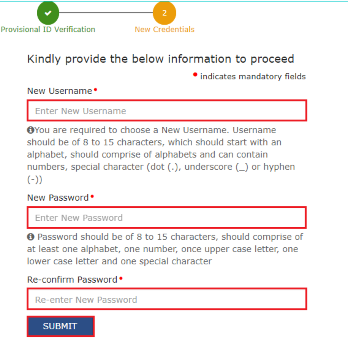create a new username and password